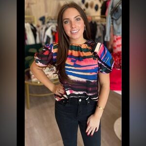 Willa Story Multicolor Striped Puff Sleeve Blouse NEW